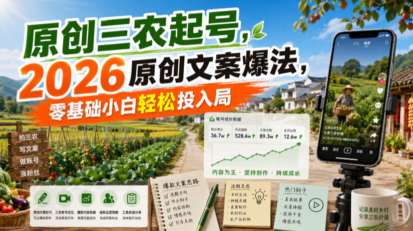 原创三农起号，2026原创文案爆法，零基础小白轻松投入局-hcnxn
