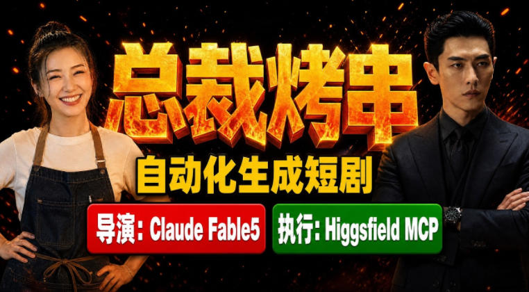 Claude Fable5担任导演+Higgsfield MCP落地执行｜《总裁烤串》真人质感短剧全自动AI生成全流程教学-hcnxn