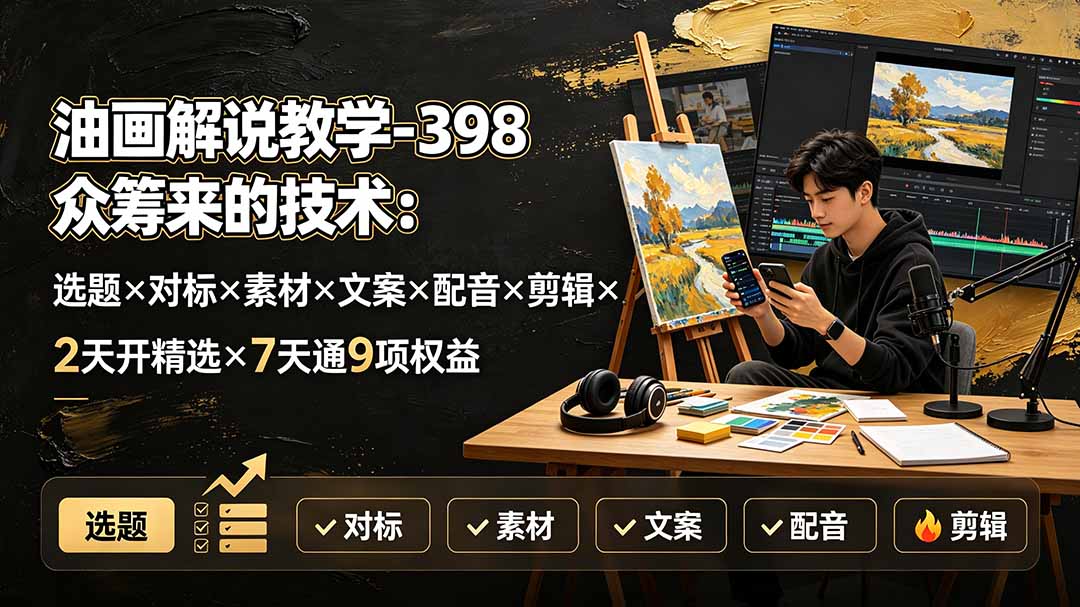油画解说教学-398众筹来的技术：选题×对标×素材×文案×配音×剪辑×2天开精选×7天通9项权益-hcnxn