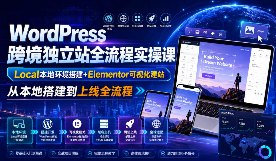 WordPress跨境独立站全流程实操课｜Local本地环境搭建+Elementor可视化建站，从本地搭建到上线全流程-hcnxn