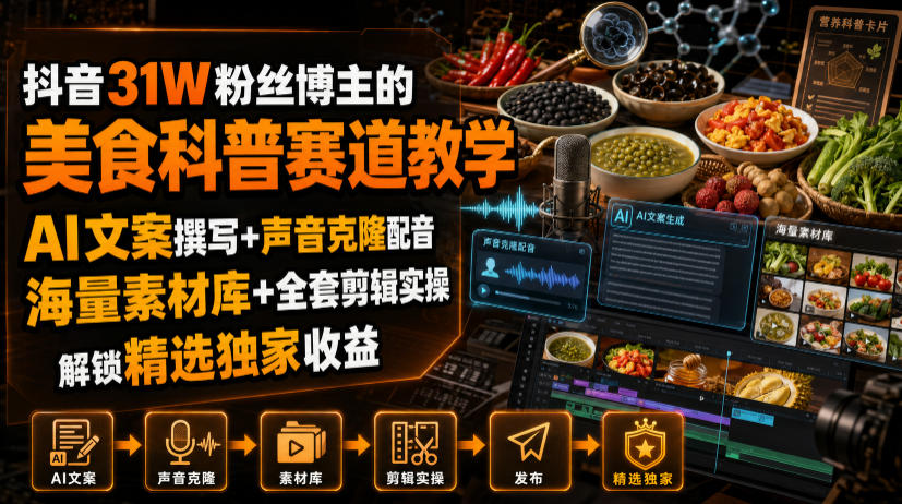 抖音31W粉丝博主的美食科普赛道教学，AI文案撰写+声音克隆配音+剪辑实操，解锁精选独家收益-hcnxn