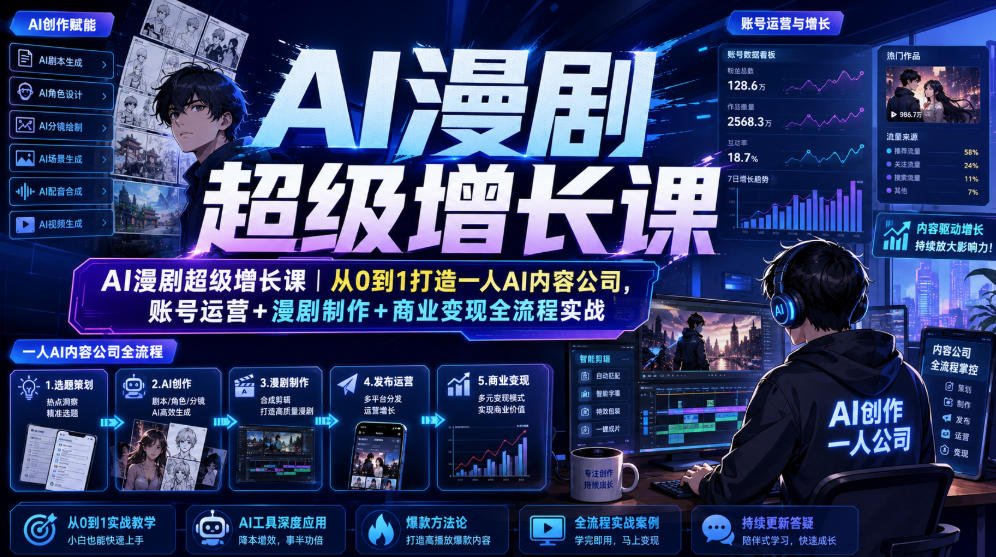 AI漫剧超级增长课｜从0到1打造一人AI内容公司，账号运营+漫剧制作+商业变现全流程实战-hcnxn
