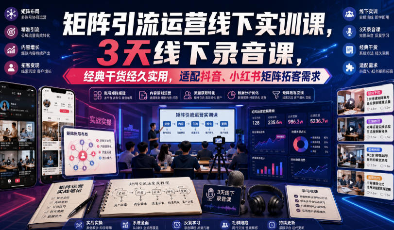 嗨推矩阵引流运营线下实训课，3天线下录音课，经典干货经久实用，适配抖音、小红书矩阵拓客需求-hcnxn