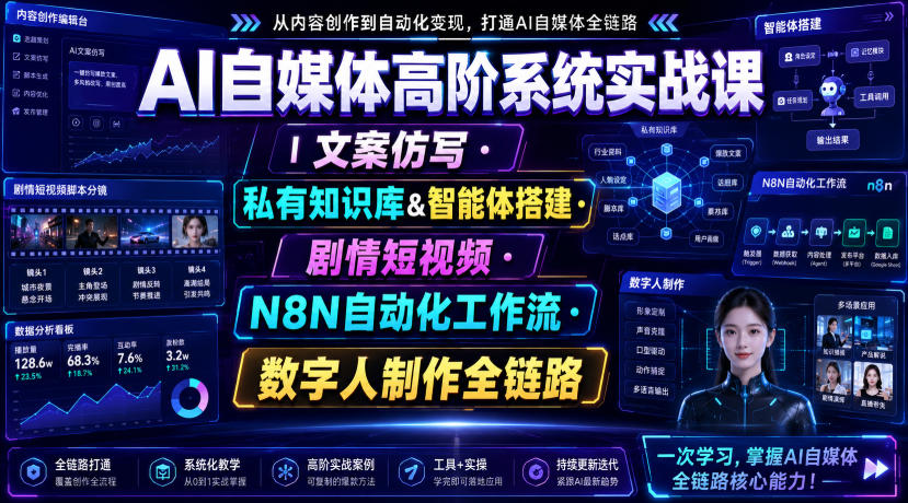 AI自媒体高阶系统实战课｜文案仿写・私有知识库&智能体搭建・剧情短视频・N8N自动化工作流・数字人制作全链路-hcnxn