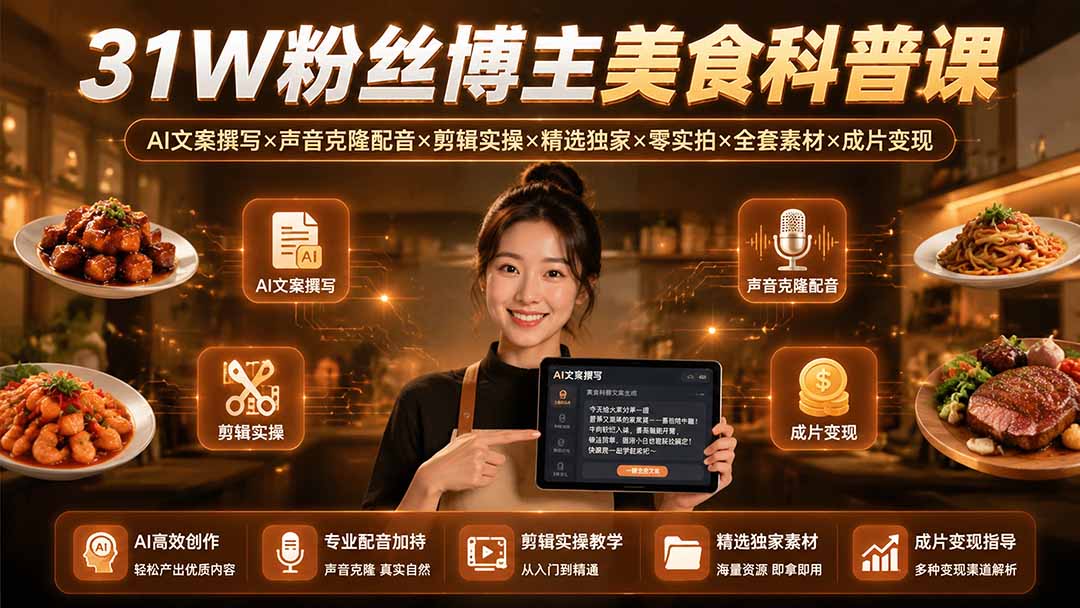 31W粉丝博主美食科普课：AI文案撰写×声音克隆配音×剪辑实操×精选独家×零实拍×全套素材×成片变现-hcnxn