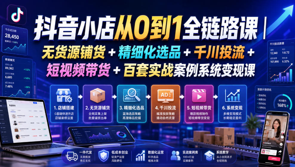抖音小店从0到1全链路课｜无货源铺货+精细化选品+千川投流+短视频带货+百套实战案例系统变现课(2026年7月更新)-hcnxn