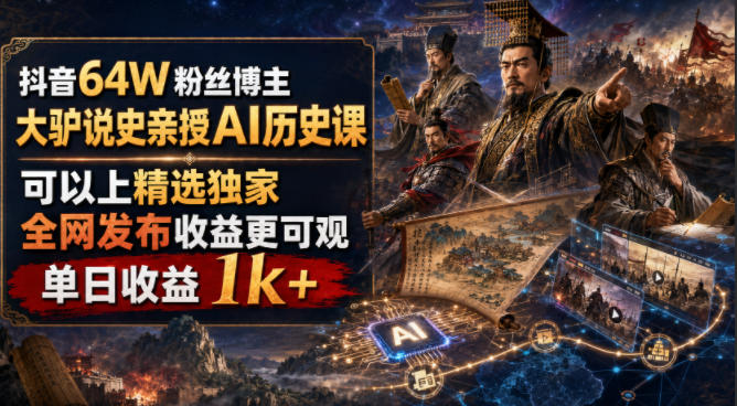 抖音64W粉丝博主大驴说史亲授AI历史课，可以上精选独家，全网发布收益更可观，单日收益1k+-hcnxn