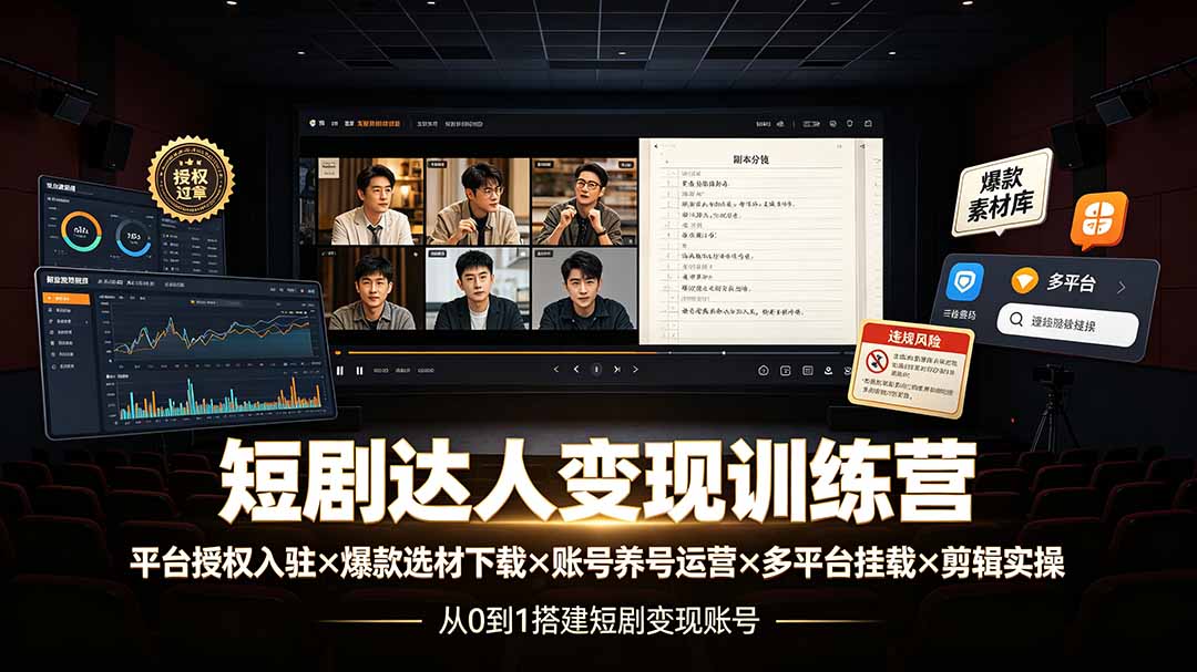 短剧达人变现训练营：平台授权入驻×爆款选材下载×账号养号运营×多平台挂载×剪辑实操×违规处理全流程-hcnxn