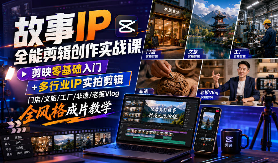 故事IP全能剪辑创作实战课｜剪映零基础入门+多行业IP实拍剪辑，门店/文旅/工厂/非遗/老板Vlog全风格成片教学-hcnxn