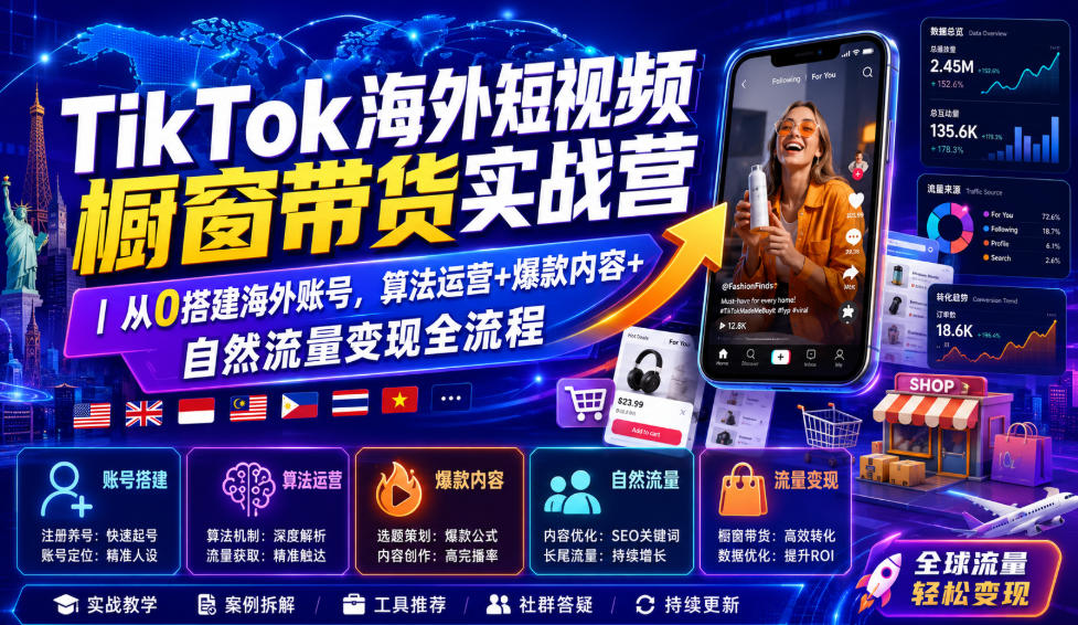 TikTok海外短视频橱窗带货实战营｜从0搭建海外账号，算法运营+爆款内容+自然流量变现全流程-hcnxn