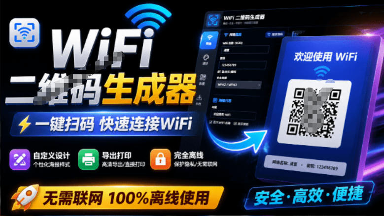 完全离线使用！WiFi二维码生成器，一键扫码快速连接WiFi，支持自定义风格导出WiFi二维码生成器-hcnxn