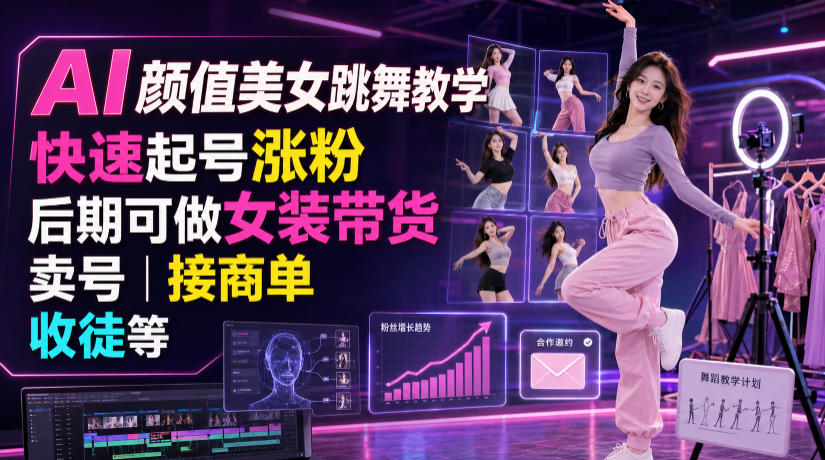 AI颜值美女跳舞教学，快速起号涨粉，后期可做女装带货，卖号，接商单，收徒等-hcnxn