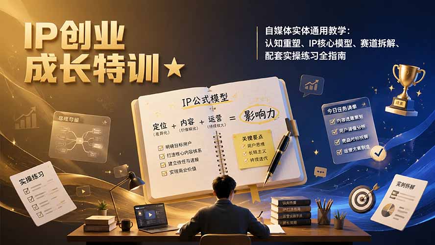 IP创业成长特训★自媒体实体通用教学：认知重塑、IP核心模型、赛道拆解、配套实操练习全指南-hcnxn