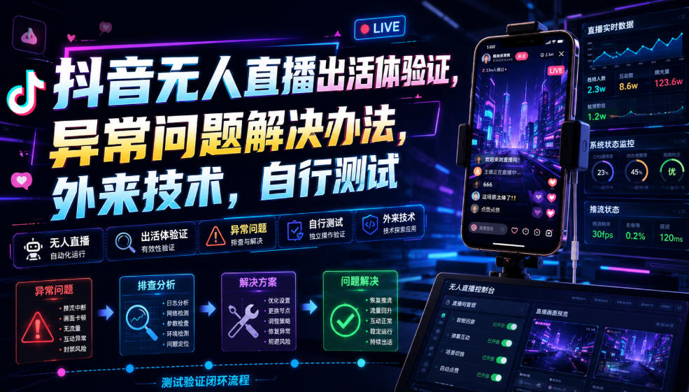 抖音无人直播出活体验证，异常问题解决办法，外来技术，自行测试-hcnxn