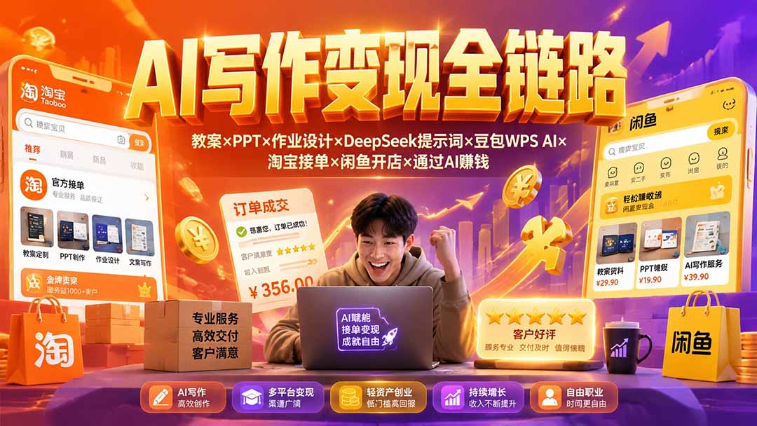 2026AI写作变现全链路:教案×PPT×作业设计×DeepSeek提示词×豆包WPS AI×淘宝接单×闲鱼开店×通过AI賺钱-hcnxn