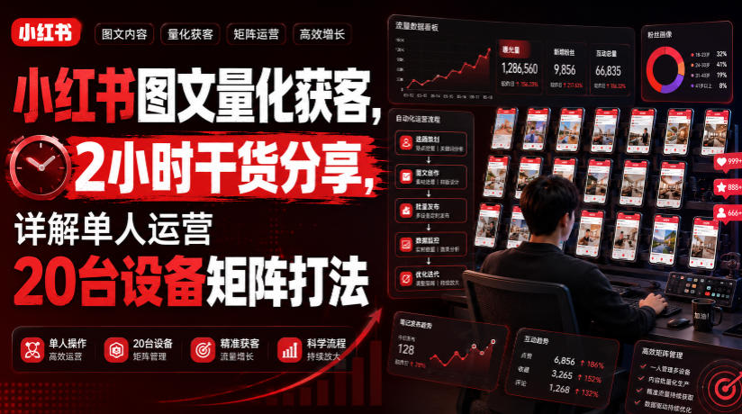小红书图文量化获客，2小时干货分享，详解单人运营20台设备矩阵打法-hcnxn
