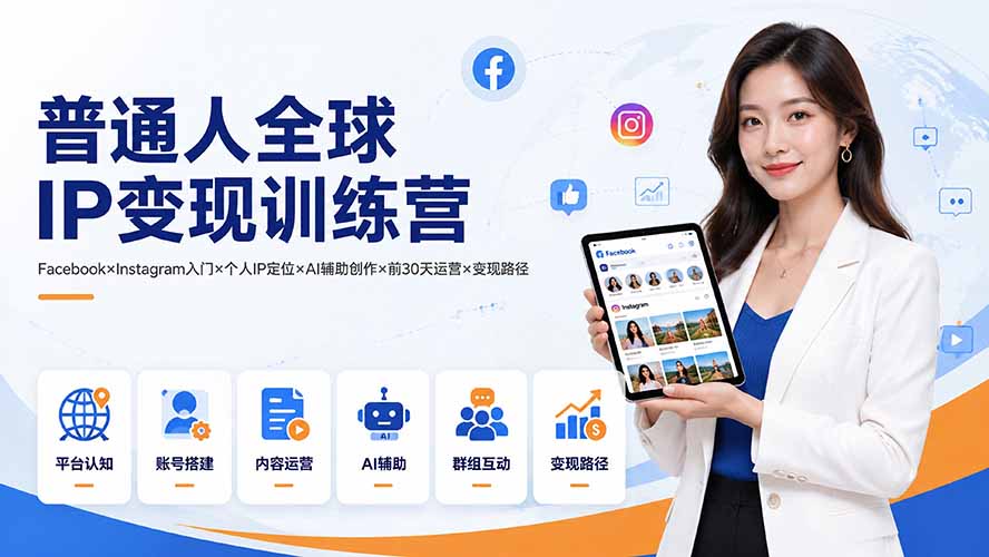 普通人全球IP变现训练营：Facebook×Instagram入门×个人IP定位×AI辅助创作×前30天运营×变现路径-hcnxn