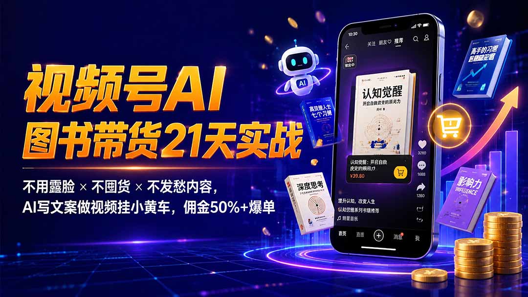 繁花视频号AI图书带货21天实战：不用露脸×不囤货×不发愁内容，AI写文案做视频挂小黄车，佣金50%+爆单-hcnxn