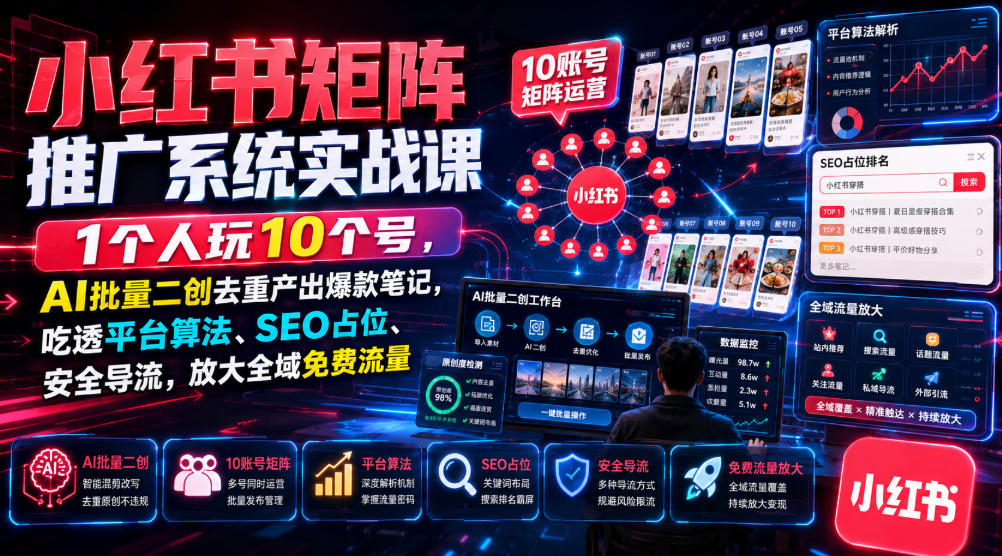小红书矩阵推广系统实战课｜1个人玩10个号，AI批量二创去重产出爆款笔记，吃透平台算法、SEO占位、安全导流，放大全域免费流量-hcnxn