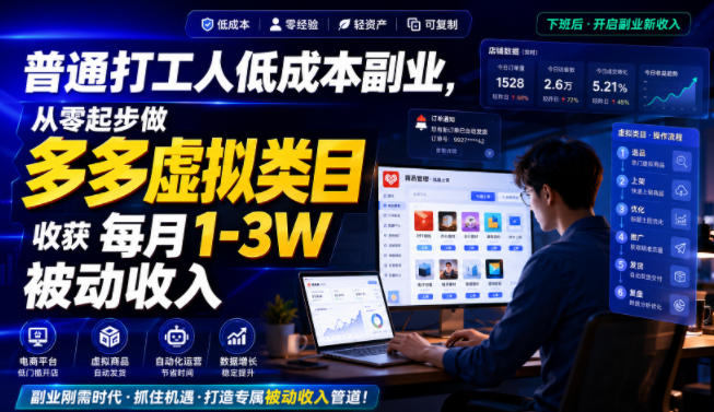 普通打工人低成本副业，从零起步做多多虚拟类目，收获每月1-3W被动收入【揭秘】-hcnxn