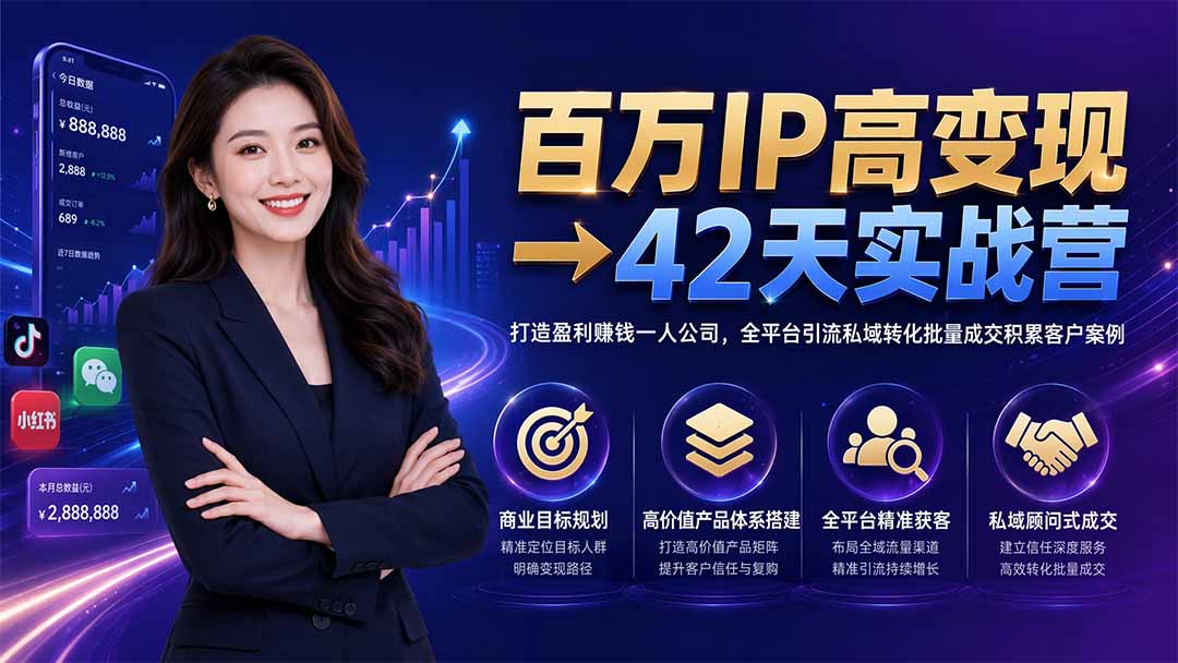 百万IP高变现→42天实战营｜打造盈利赚钱一人公司，全平台引流私域转化批量成交积累客户案例-hcnxn