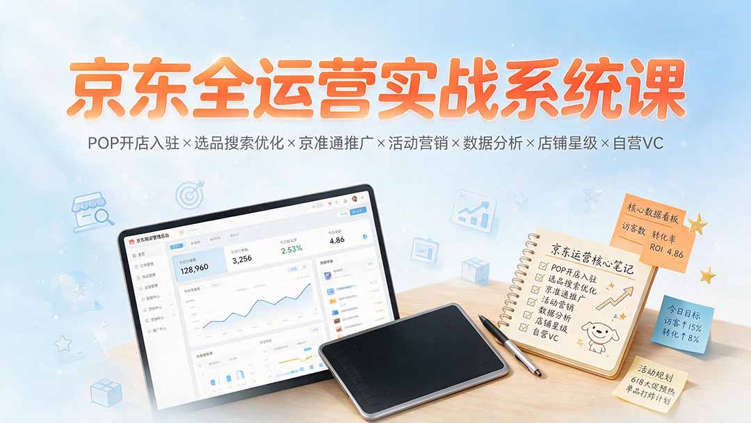 京东全运营实战系统课：POP开店入驻×选品搜索优化×京准通推广×活动营销×数据分析×店铺星级×自营VC-hcnxn