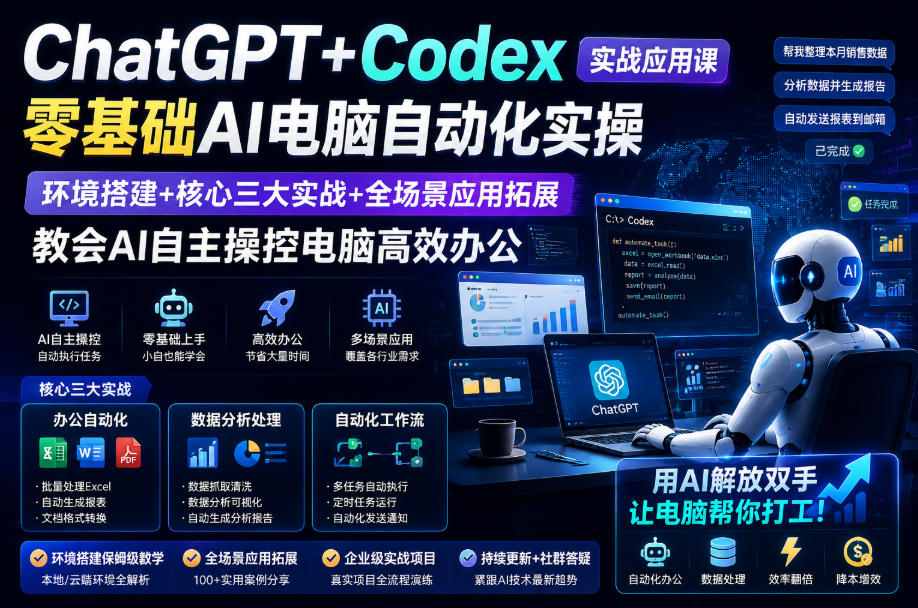 ChatGPT+Codex实战应用课｜零基础AI电脑自动化实操，环境搭建+核心三大实战+全场景应用拓展，教会AI自主操控电脑高效办公-hcnxn