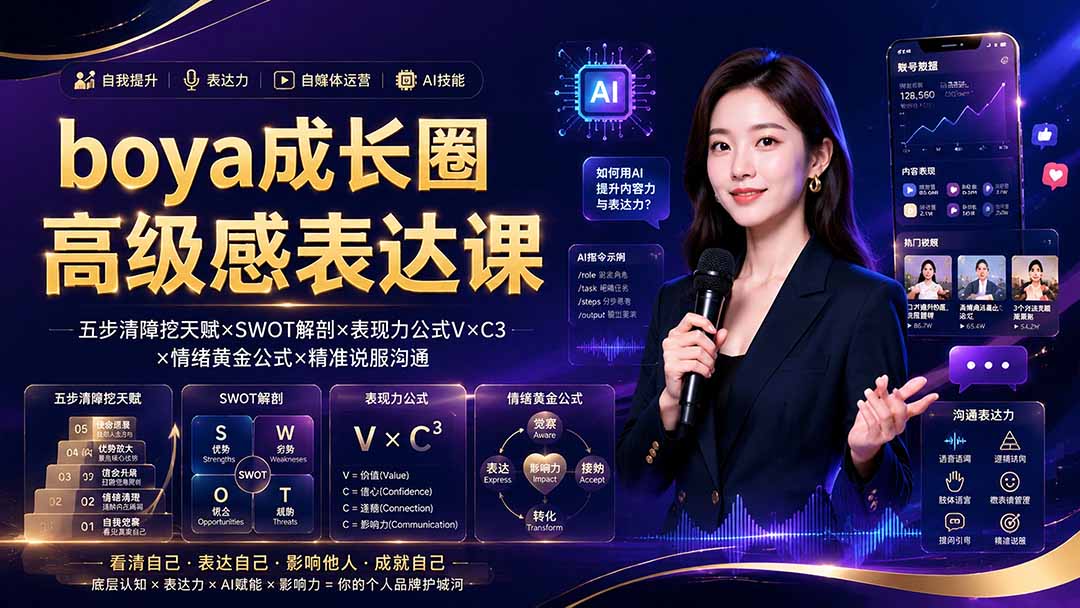 boya成长圈｜内心成长高级表达AI自媒体三合一，消解内耗挖掘天赋，镜头沟通AI指令短视频全流程教学-hcnxn