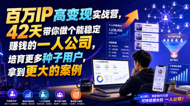 百万IP高变现实战营，42天带你做个能稳定賺钱的一人公司，培育更多种子用户，拿到更大的案例-hcnxn