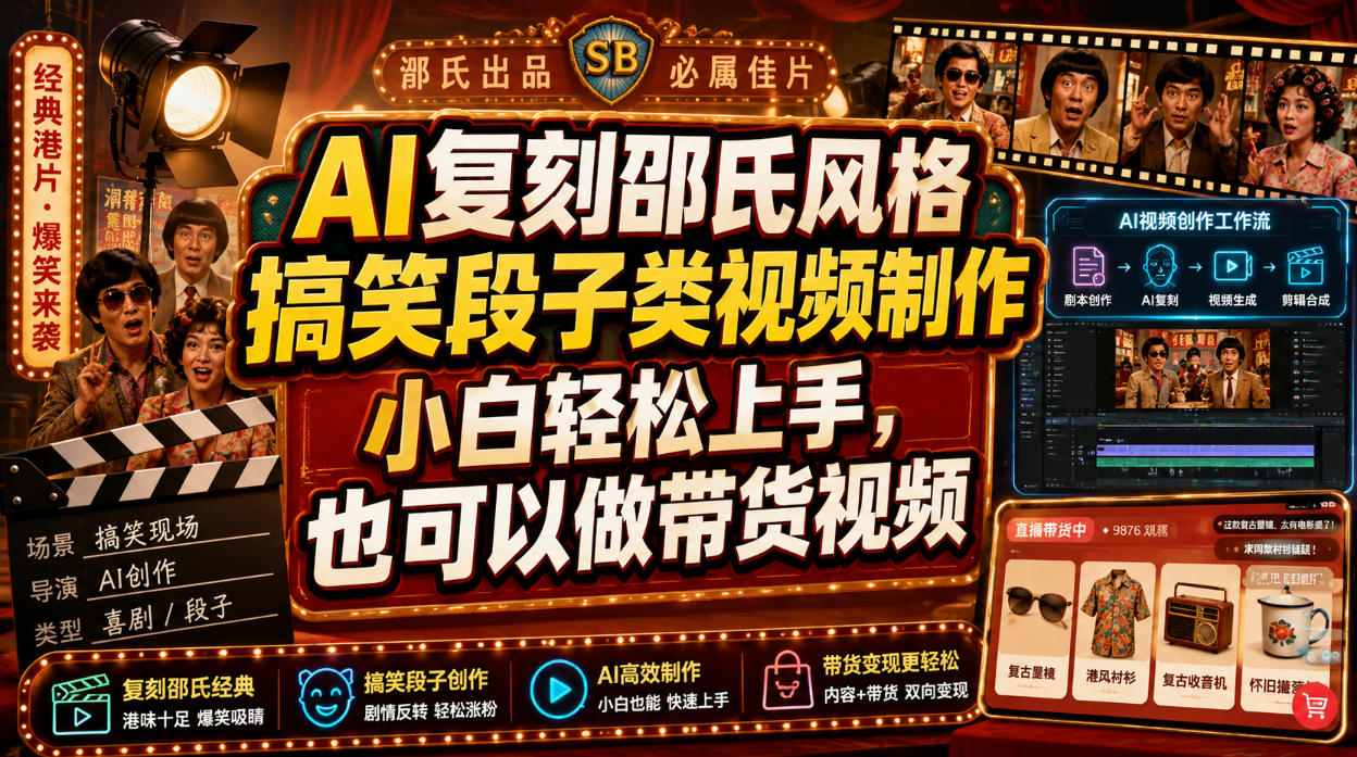 AI复刻邵氏风格搞笑段子类视频制作，小白轻松上手，也可以做带货视频-hcnxn