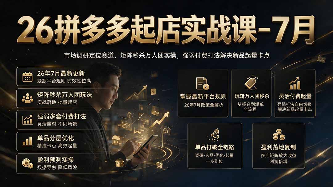 26拼多多起店实战课-7月｜市场调研定位赛道，矩阵秒杀万人团实操，强弱付费打法解决新品起量卡点-hcnxn