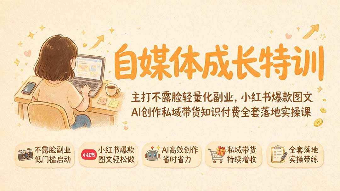 自媒体成长特训｜主打不露脸轻量化副业，小红书爆款图文AI创作私域带货知识付费全套落地实操课-hcnxn