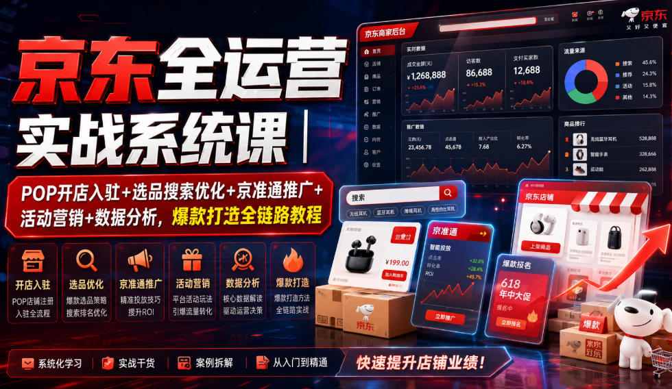京东全运营实战系统课｜POP开店入驻+选品搜索优化+京准通推广+活动营销+数据分析，爆款打造全链路教程-hcnxn