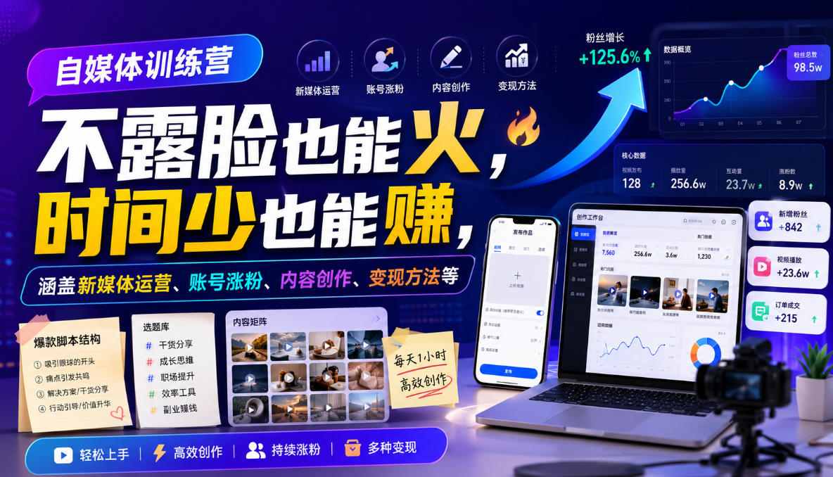自媒体训练营，不露脸也能火，时间少也能賺，涵盖新媒体运营、账号涨粉、内容创作、变现方法等-hcnxn