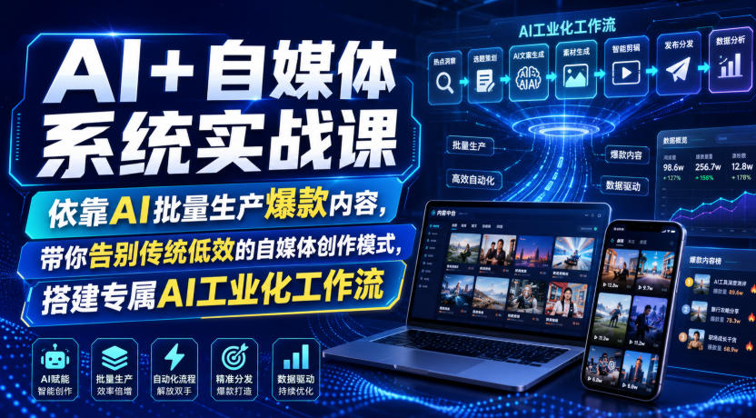 AI+自媒体系统实战课，依靠AI批量生产爆款内容，带你告别传统低效的自媒体创作模式，搭建专属AI工业化工作流-hcnxn
