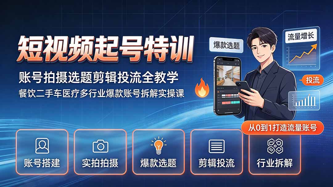短视频起号特训｜账号拍摄选题剪辑投流全教学，餐饮二手车医疗多行业爆款账号拆解实操课-hcnxn
