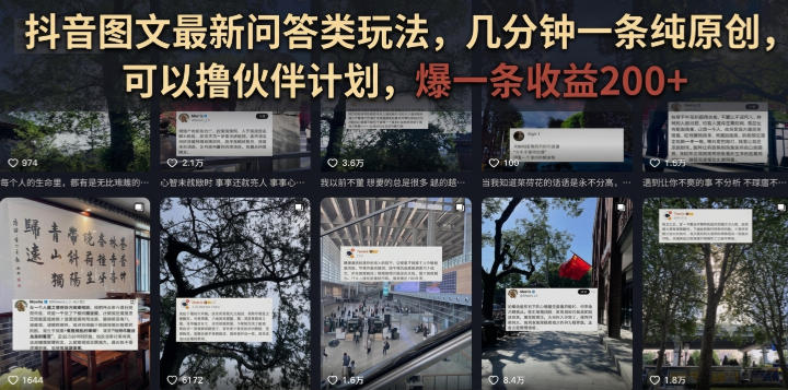 抖音图文最新问答类玩法，几分钟一条纯原创，可以撸伙伴计划，爆一条收益200+-hcnxn