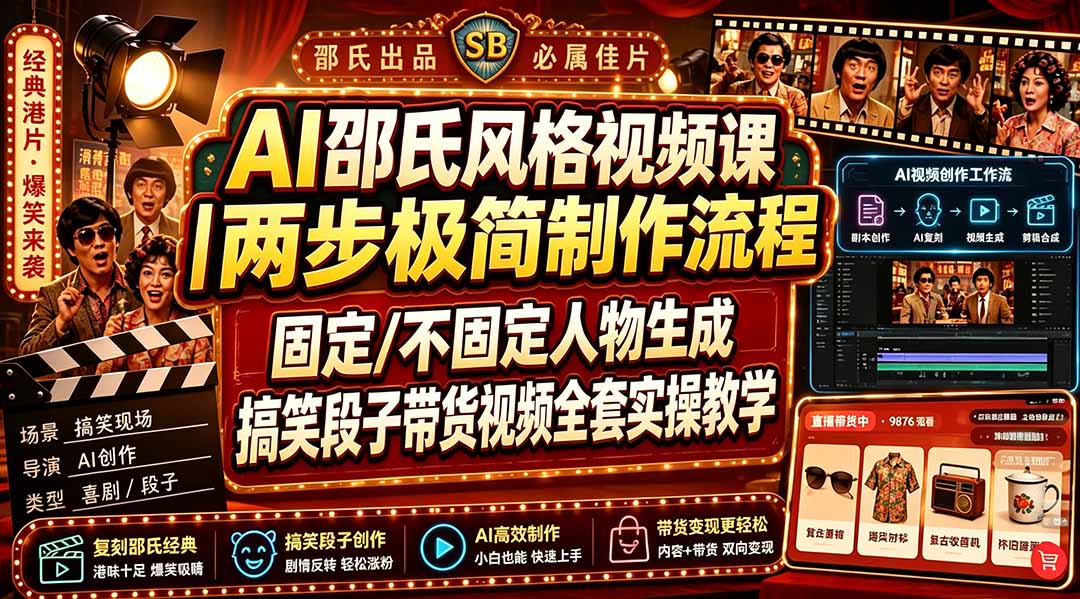 AI邵氏风格视频课｜两步极简制作流程，固定/不固定人物生成，搞笑段子带货视频全套实操教学-hcnxn