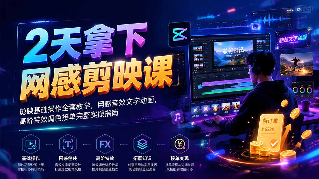 2天拿下网感剪辑课｜剪映基础操作全套教学，网感音效文字动画，高阶特效调色接单完整实操指南-hcnxn