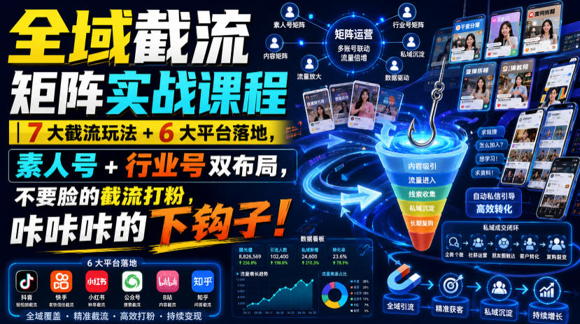 全域截流矩阵实战课程｜7大截流玩法+6大平台落地，素人号+行业号双布局，不要脸的截流打粉，咔咔咔的下钩子！-hcnxn