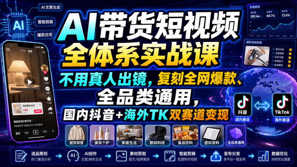 AI带货短视频全体系实战课，不用真人出镜，复刻全网爆款、全品类通用，国内抖音+海外TK双赛道变现-hcnxn