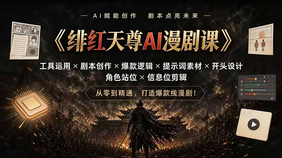 绯红天尊AI漫剧课｜工具运用×剧本创作×爆款逻辑×提示词素材×开头设计×角色站位×信息位剪辑-hcnxn