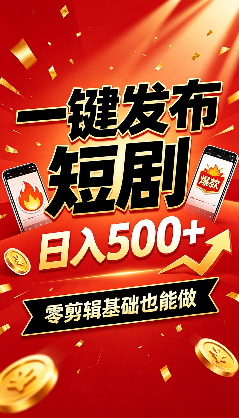 快手短剧一键发布，不用剪辑操作简单，副业日入500+。空闲时间轻松赚收益-hcnxn
