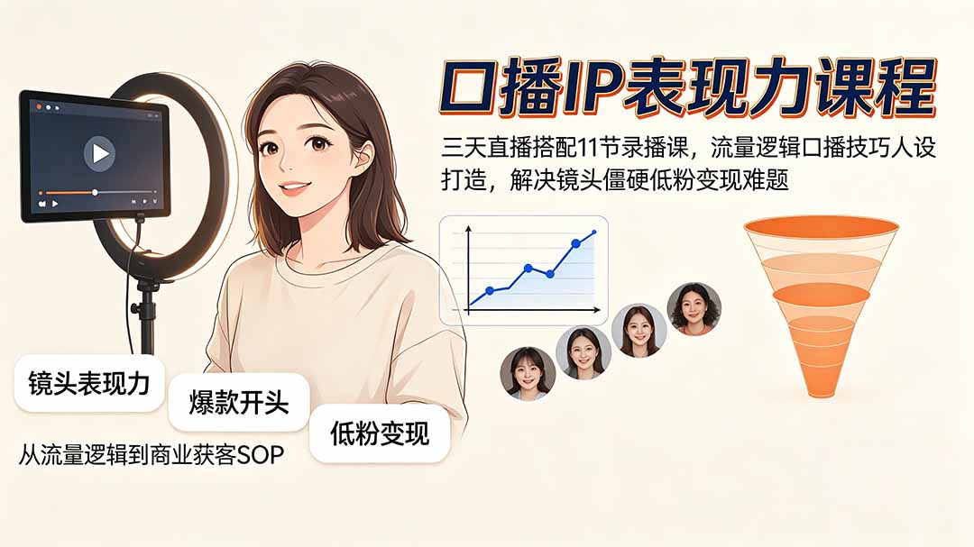 口播IP表现力课程｜三天直播搭配11节录播课，流量逻辑口播技巧人设打造，解决镜头僵硬低粉变现难题-hcnxn