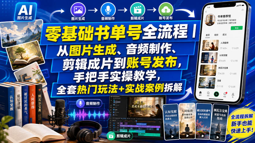 零基础书单号全流程｜从图片生成、音频制作、剪辑成片到账号发布，手把手实操教学，全套热门玩法+实战案例拆解-hcnxn