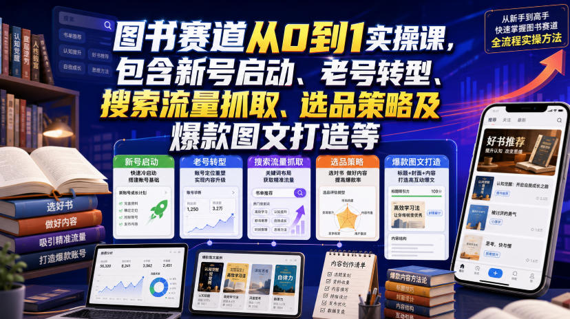 图书赛道从0到1实操课，包含新号启动、老号转型、搜索流量抓取、选品策略及爆款图文打造等-hcnxn
