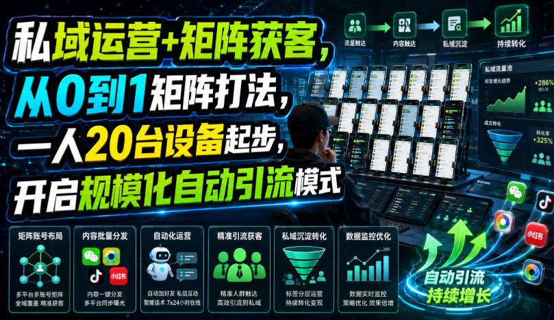 私域运营+矩阵获客，从0到1矩阵打法，一人20台设备起步，开启规模化自动引流模式！-hcnxn