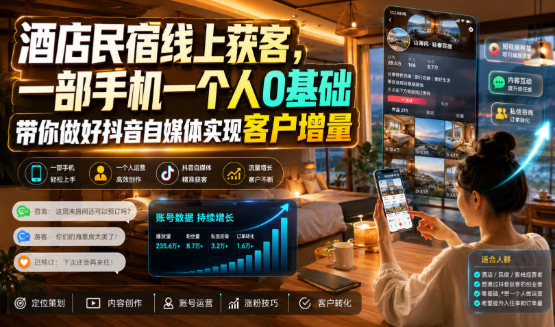 酒店民宿线上获客，一部手机一个人0基础带你做好抖音自媒体实现客户增量-hcnxn