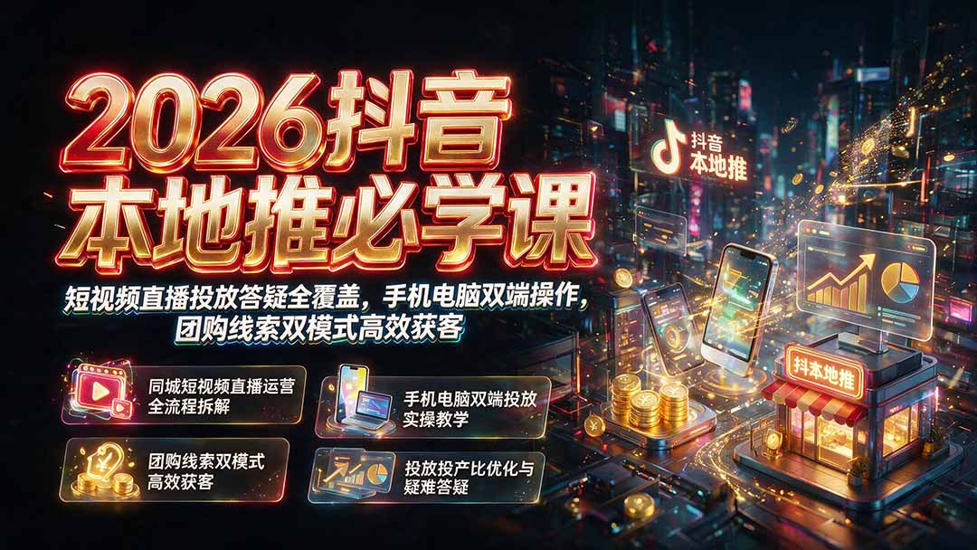 2026抖音本地推必学课｜短视频直播投放答疑全覆盖，手机电脑双端操作，团购线索双模式高效获客-hcnxn