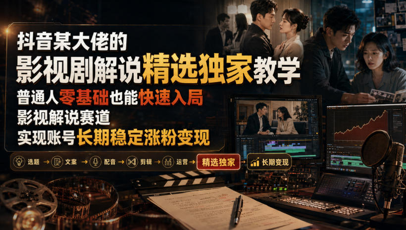 抖音某大佬的影视剧解说精选独家教学，普通人零基础也能快速入局影视解说赛道，实现账号长期稳定变现-hcnxn